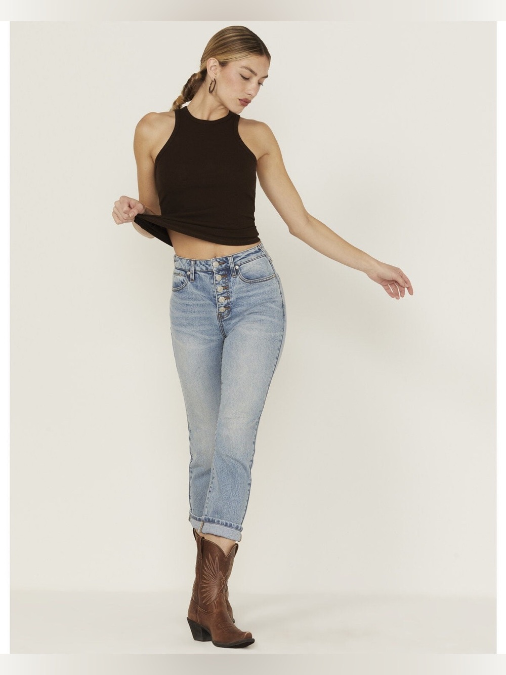 Cleo + Wolf Women’s Exposed Button Fly Slim Straight Denim Jeans